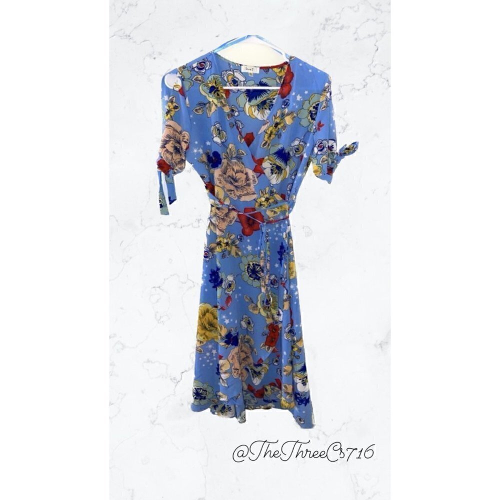 Love J women's Blue Floral Print Wrap Dress Size M midi